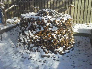 snow-covered holz hausen firewood stack