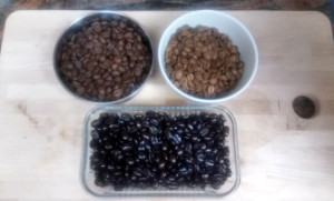 three types of whole coffee beans